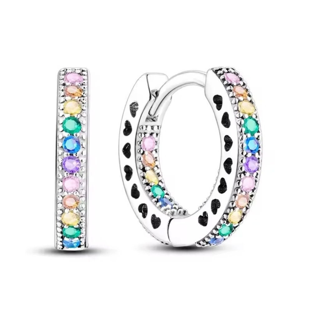 Rainbow Huggie Hoop Earrings Silver Tone Colorful Heart Cutout Jewelry
